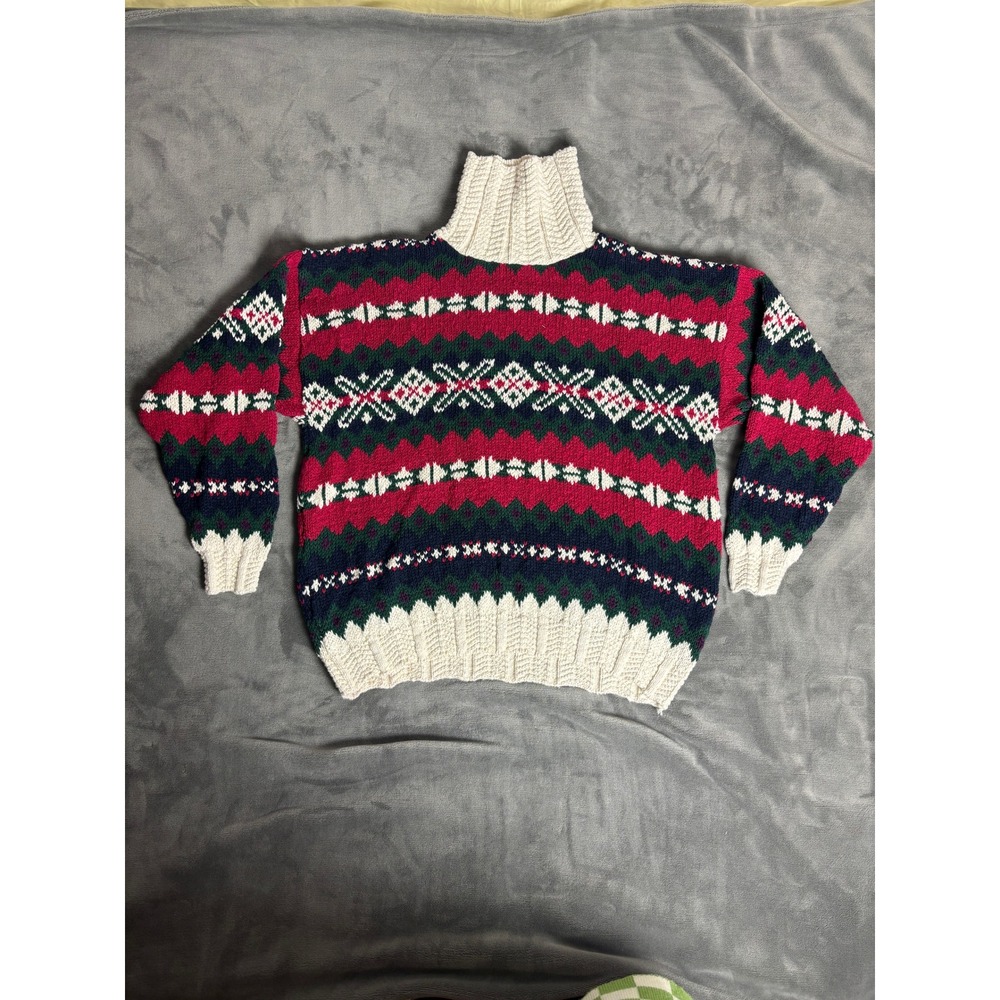 Vintage Lands End Womens L Fair Isle Turtleneck Sweater Cotton Made in USA